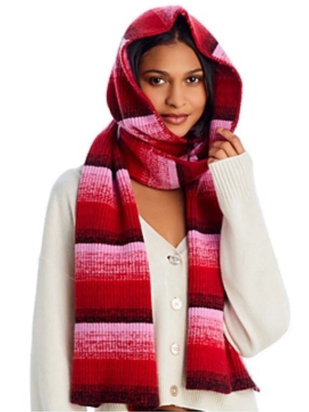 Aqua Ombre Jacquard Hooded Scarf, Red/Pink, New $118